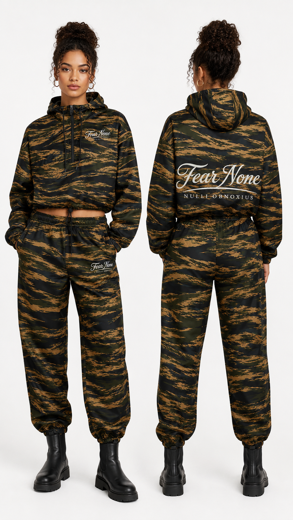 A model shown from the front and back wearing a matching tiger-stripe camouflage hoodie and jogger sweatpants set. The pattern is a mix of black, brown, and olive green.