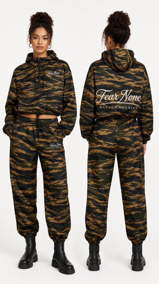 A model shown from the front and back wearing a matching tiger-stripe camouflage hoodie and jogger sweatpants set. The pattern is a mix of black, brown, and olive green.