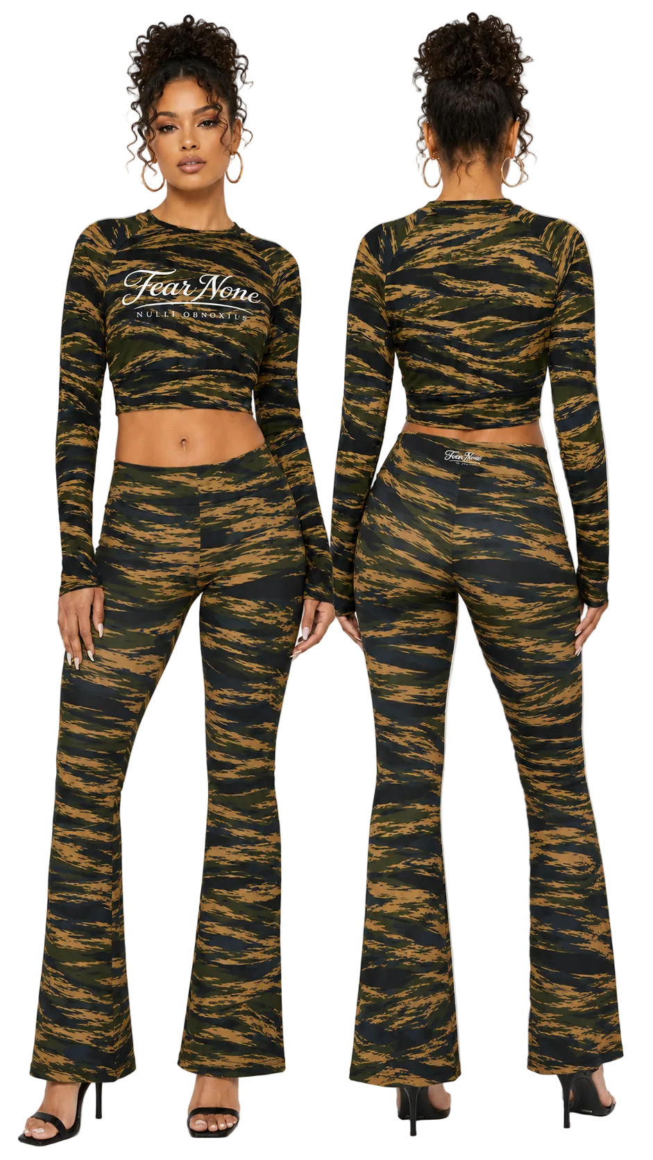 A model is shown from the front and back wearing a matching two-piece tiger-stripe print set. The set includes a long-sleeve crop top with 'Your Name' printed on the chest and matching high-waisted flare pants.