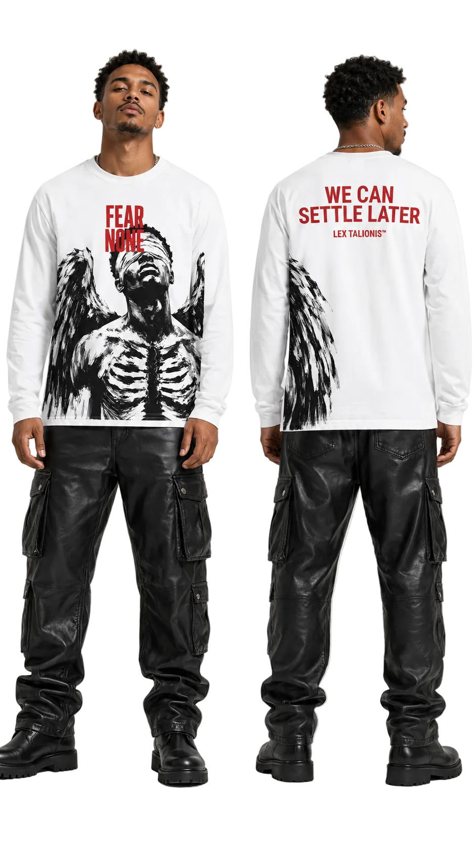 A model shown from the front and back wearing a white long-sleeve graphic shirt with a black angel skeleton print and red text, paired with black cargo pants, against a light gray studio background.