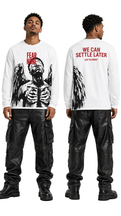 A model shown from the front and back wearing a white long-sleeve graphic shirt with a black angel skeleton print and red text, paired with black cargo pants, against a light gray studio background.