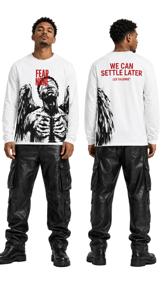 A model shown from the front and back wearing a white long-sleeve graphic shirt with a black angel skeleton print and red text, paired with black cargo pants, against a light gray studio background.