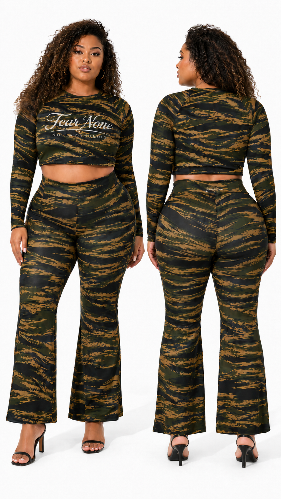 A plus-size model is shown from the front and back wearing a matching two-piece tiger-stripe print set. The set includes a long-sleeve crop top with 'Fear Now' printed on the chest and matching high-waisted flare pants.