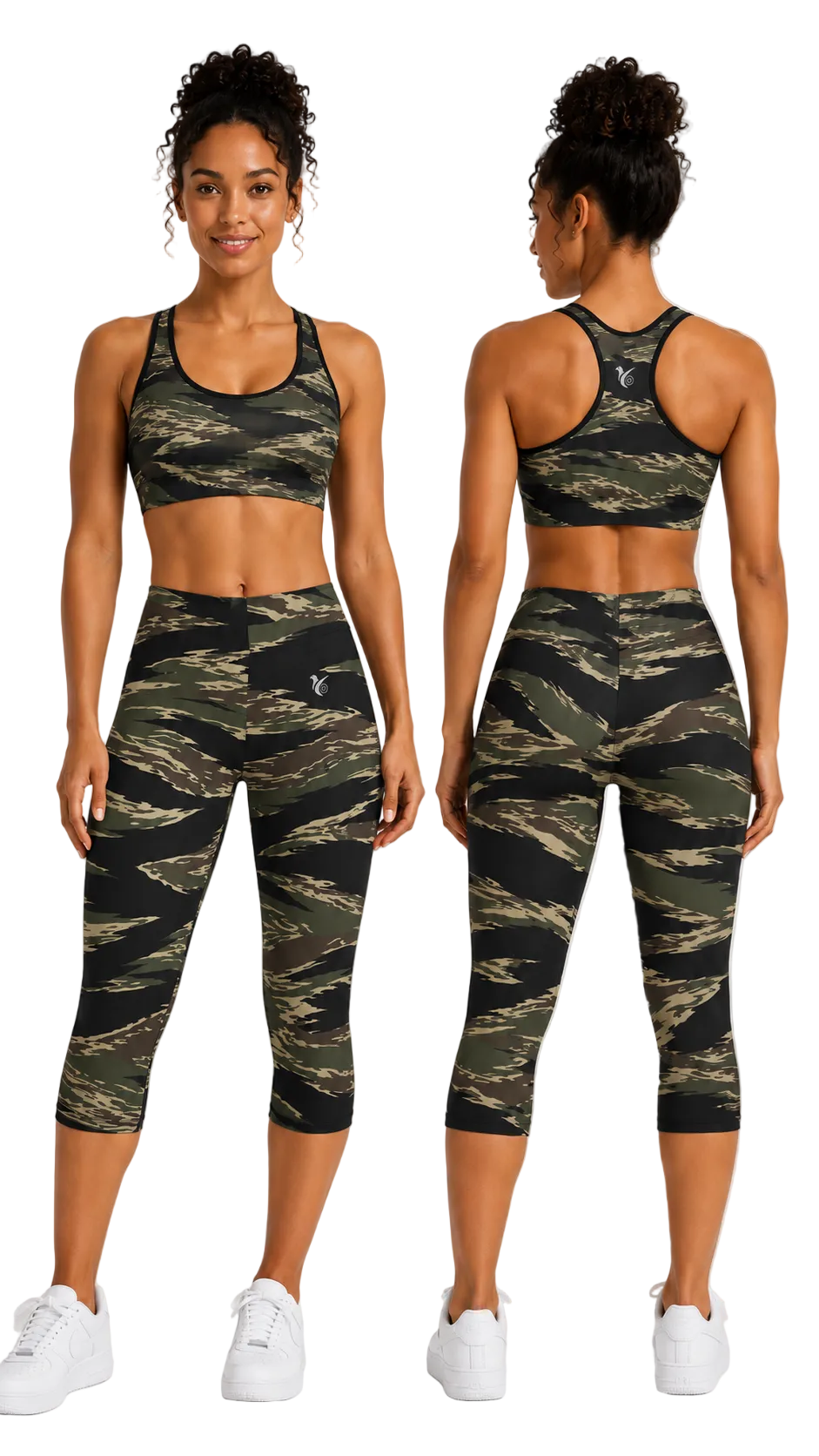 Two views of a woman modeling a matching camouflage sports bra and capri leggings set against a light gray studio background.