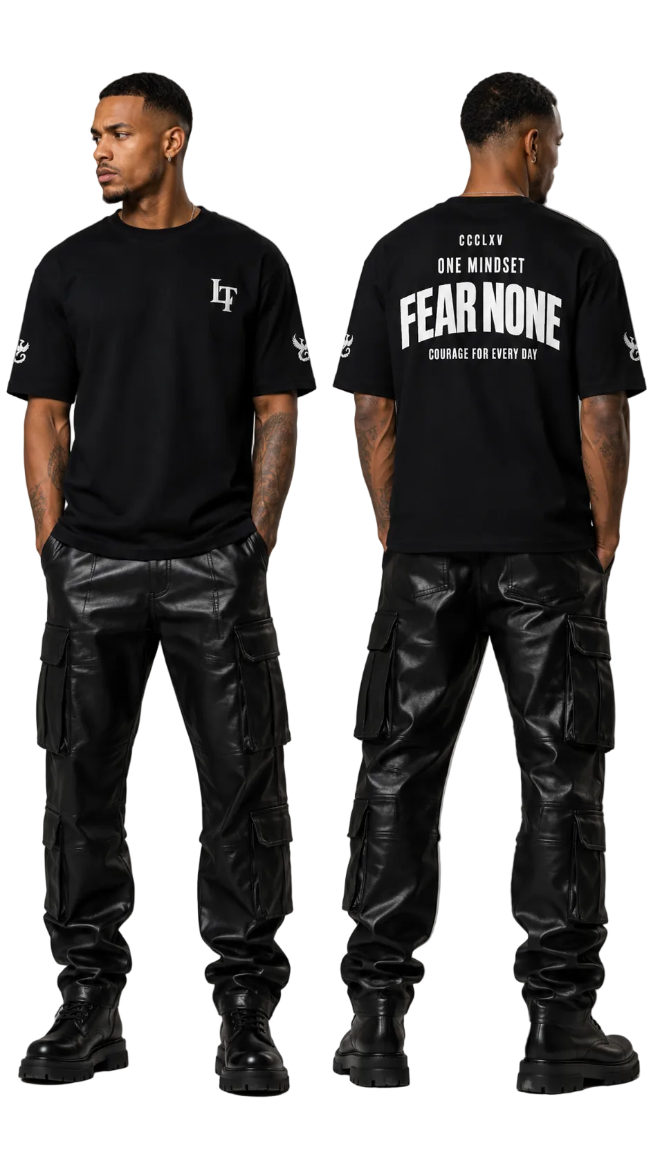 A male model shown from the front and back wearing a black short-sleeve graphic T-shirt and black leather-look cargo pants against a plain light gray studio background.
