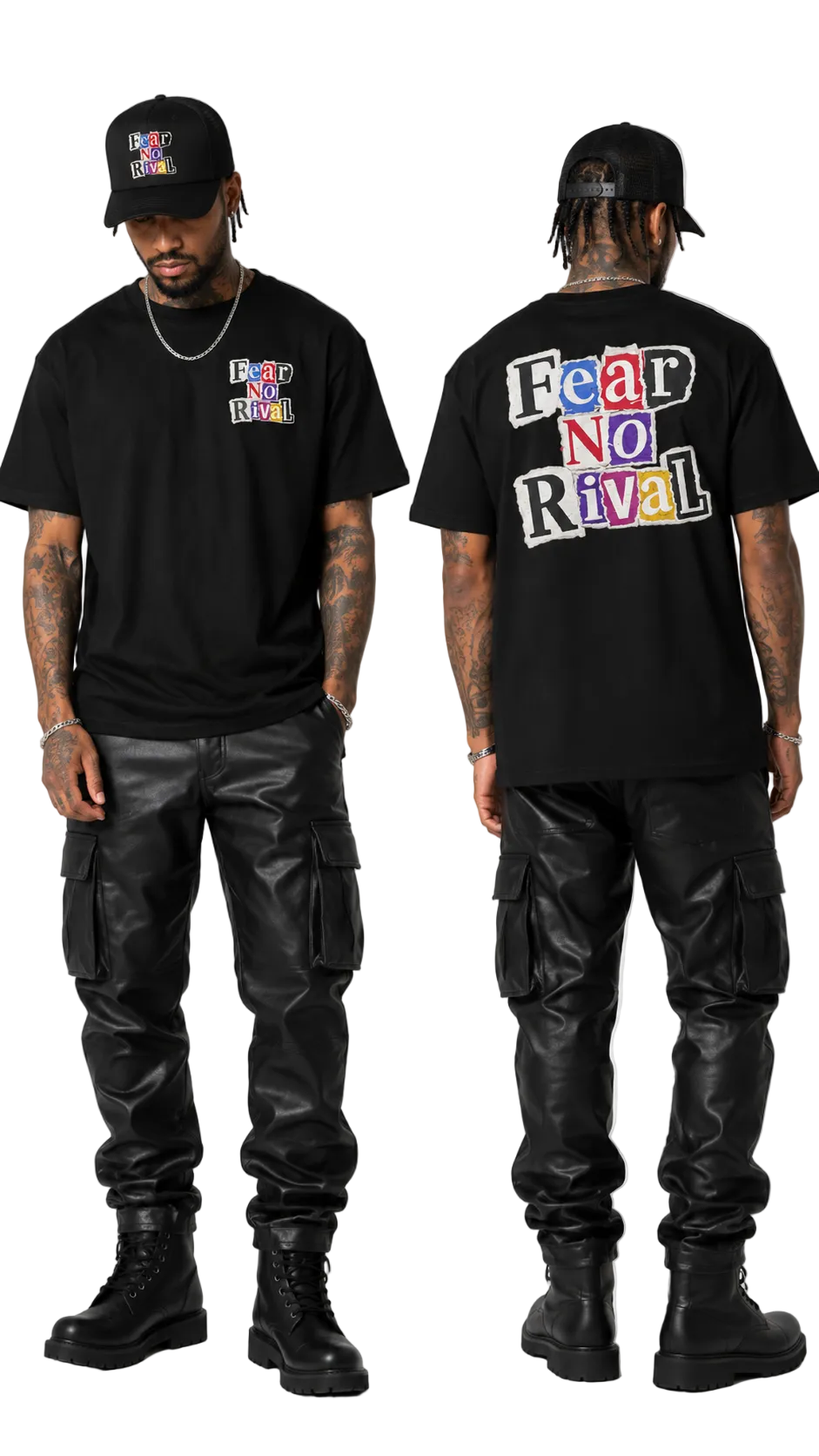 A man modeling a black short-sleeve t-shirt from the front and back, paired with black cargo pants and black boots. The front of the shirt features a small multicolor graphic on the left chest, and the back features a large multicolor graphic reading 'Hear No Rival'.