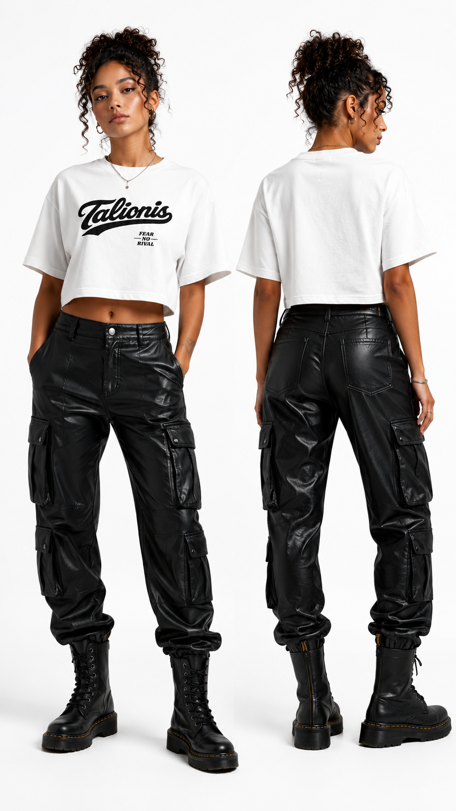 A model shown from the front and back wearing black faux-leather cargo pants and a white cropped graphic T-shirt with 'Talion's' printed on the chest, against a plain white background.