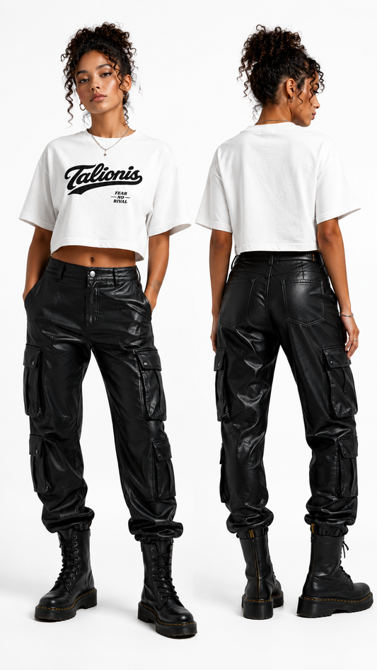 A model shown from the front and back wearing black faux-leather cargo pants and a white cropped graphic T-shirt with 'Talion's' printed on the chest, against a plain white background.
