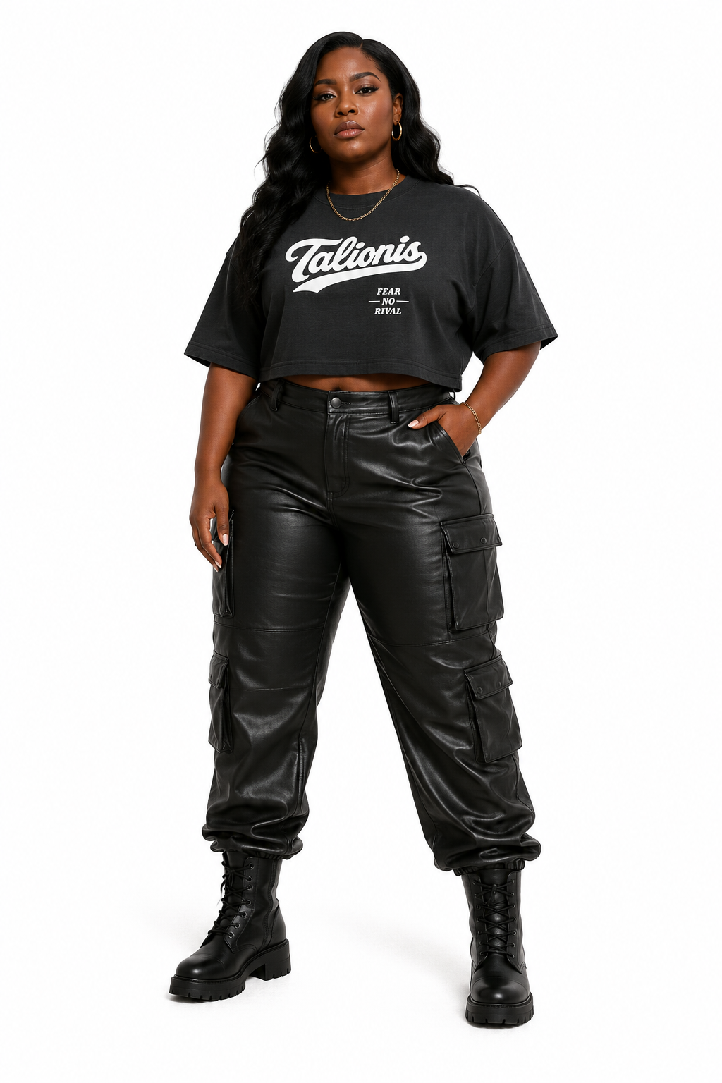 A woman modeling a black cropped graphic T-shirt and black faux-leather cargo pants with black combat boots, standing against a plain white studio background.