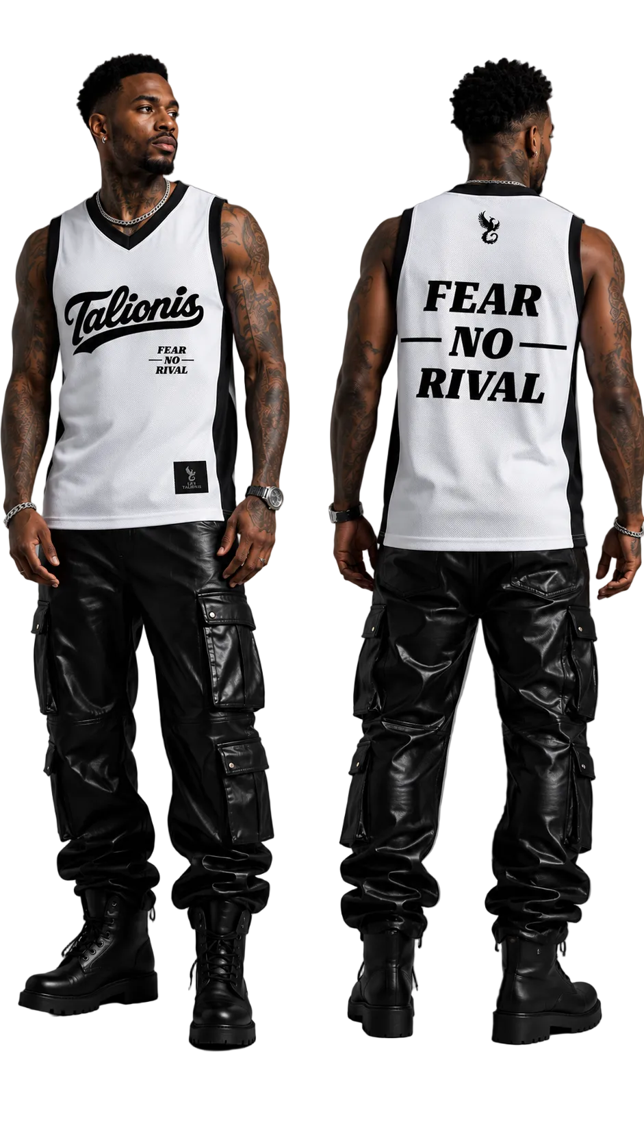 A male model shown from the front and back wearing a white sleeveless tank top with black graphics, paired with black cargo pants and black boots, against a gray studio background.