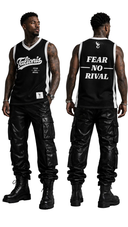 A model shown from the front and back wearing a black sleeveless basketball jersey with white trim. The front features 'Calionis' in white script, and the back features 'FEAR NO RIVAL' in bold white text.
