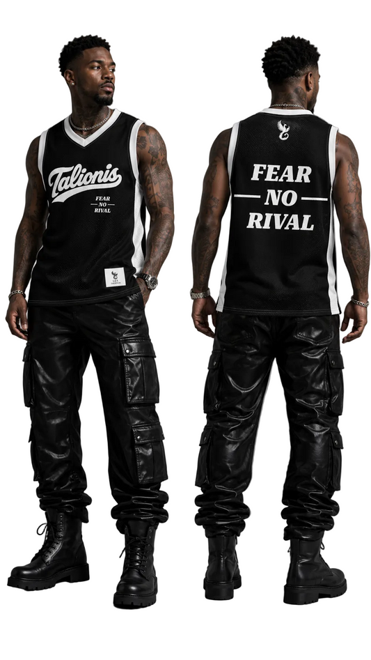 A model shown from the front and back wearing a black sleeveless basketball jersey with white trim. The front features 'Calionis' in white script, and the back features 'FEAR NO RIVAL' in bold white text.