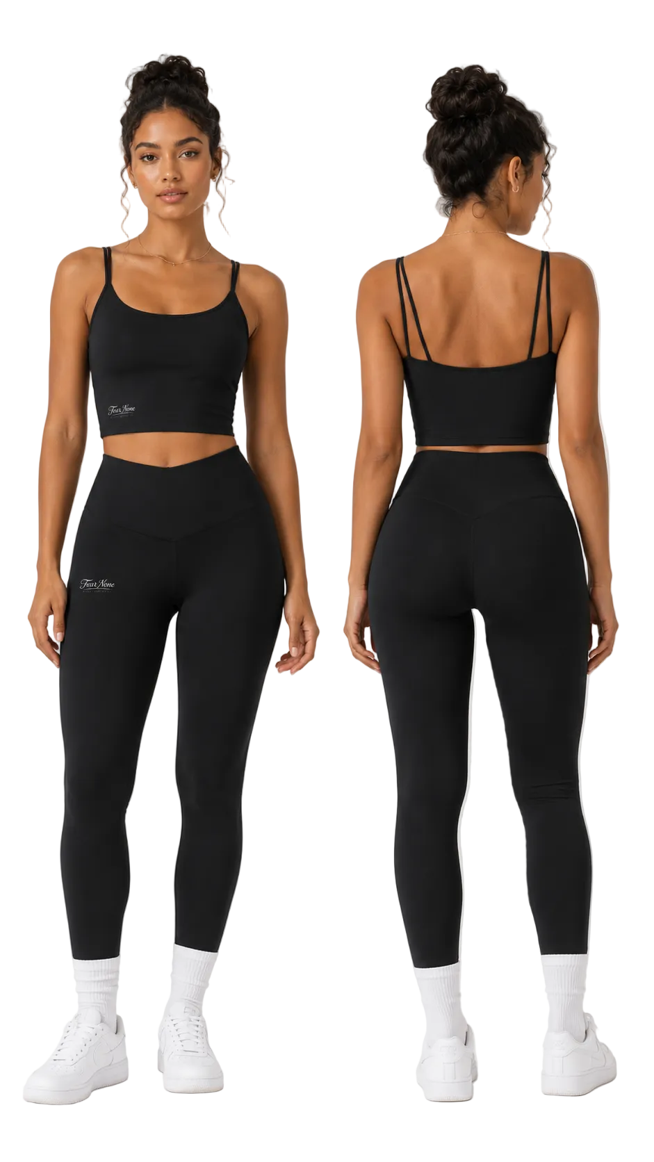 A model is shown from the front and back wearing a matching black activewear set consisting of a sports bra and high-waisted leggings, paired with white sneakers and socks, against a light gray studio background.