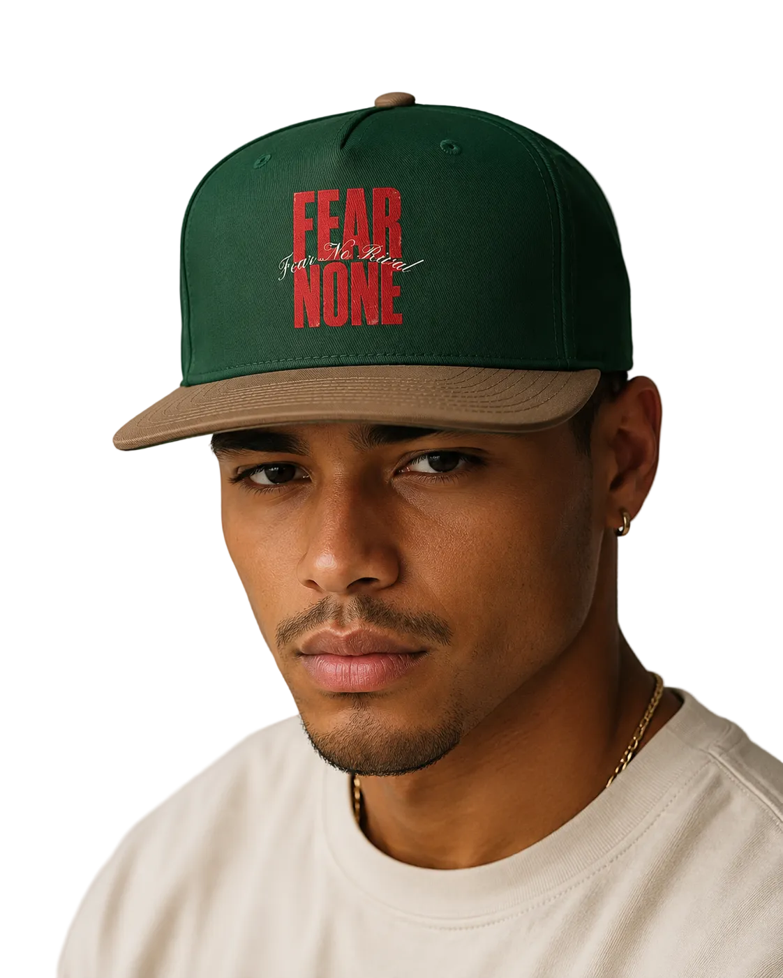 A man wearing a dark green and tan baseball cap with red embroidered text reading 'FEAR NONE' on the front, photographed against a plain light gray background.