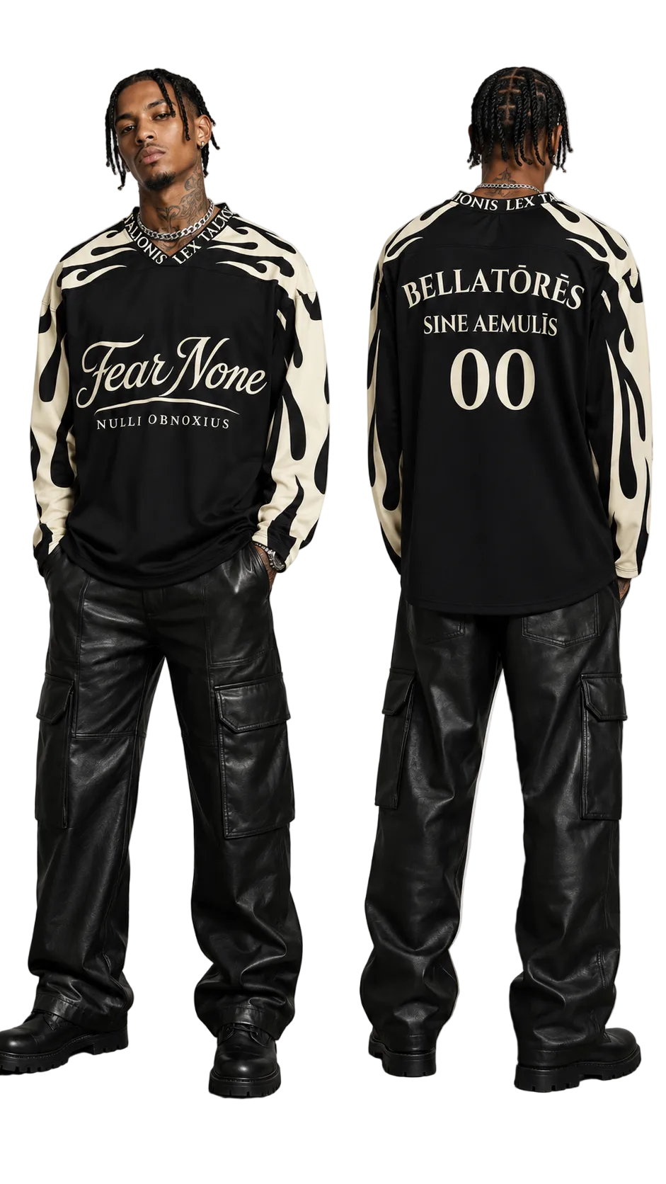 A model shown from the front and back wearing a black long-sleeve sweatshirt with beige zebra-like stripes on the sleeves and white text, paired with black cargo pants. The front displays 'Fear None' and 'NULI ORNOXIA', while the back displays 'BELLATORES SINE AEMULIS' and '00'.