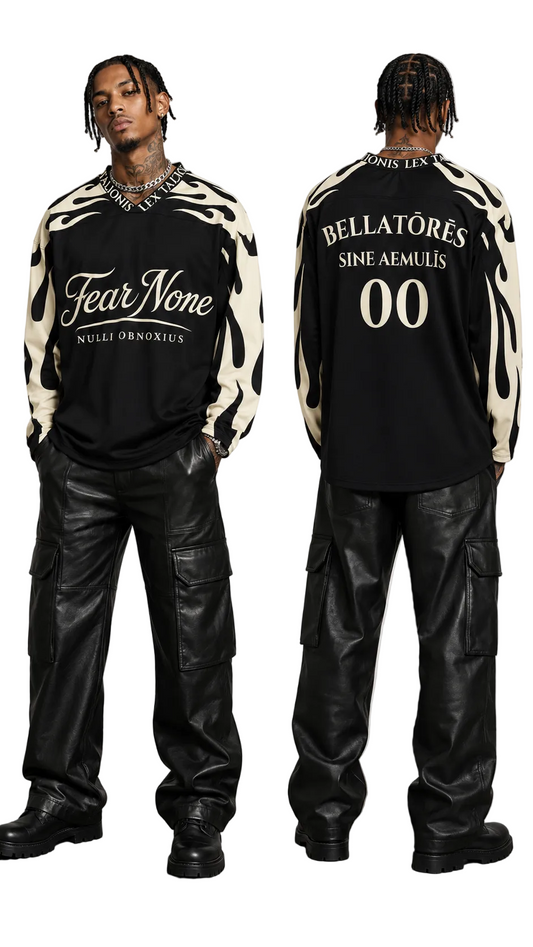 A model shown from the front and back wearing a black long-sleeve sweatshirt with beige zebra-like stripes on the sleeves and white text, paired with black cargo pants. The front displays 'Fear None' and 'NULI ORNOXIA', while the back displays 'BELLATORES SINE AEMULIS' and '00'.