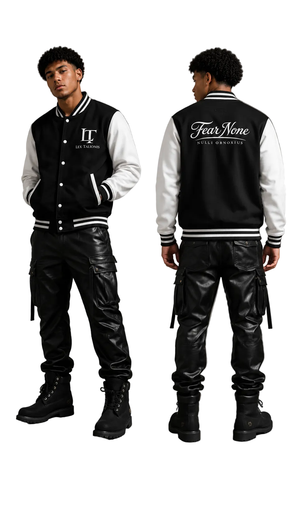 Person wearing a black and white varsity jacket with 'Fear None' text, standing against a gray background.