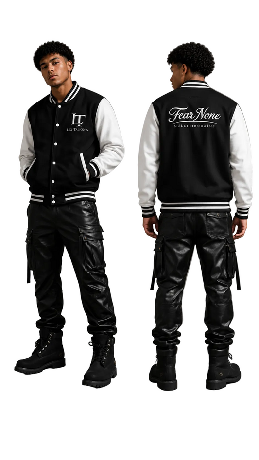 Person wearing a black and white varsity jacket with 'Fear None' text, standing against a gray background.