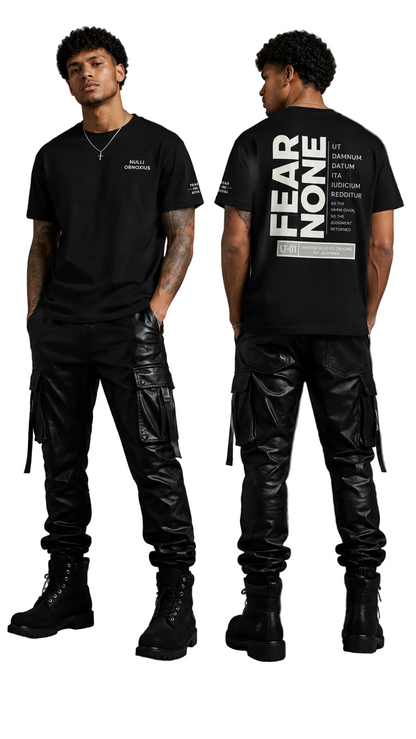 Person wearing a black t-shirt with text and black cargo pants on a gray background