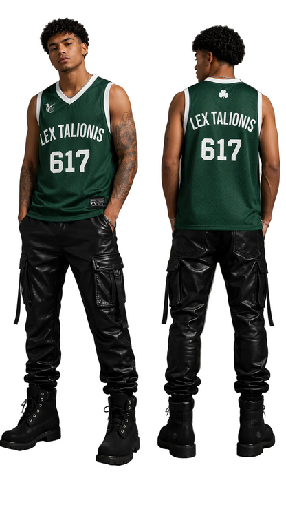 Person wearing a green basketball jersey with 'LEX TALIONIS' and number '617', standing against a gray background.
