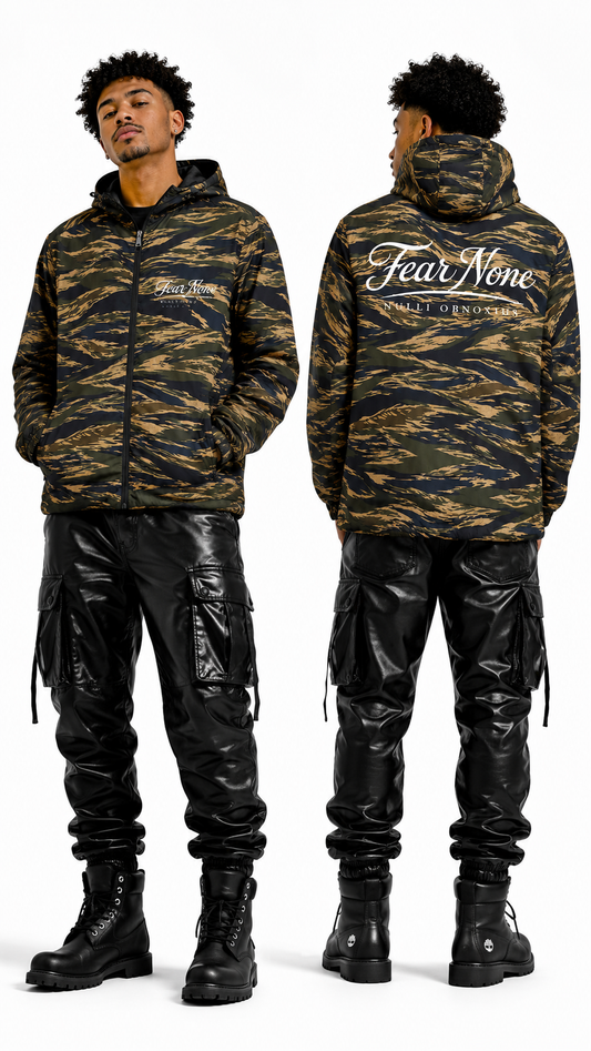Person wearing a camouflage jacket with 'Fear None' branding, front and back views, on a white background.