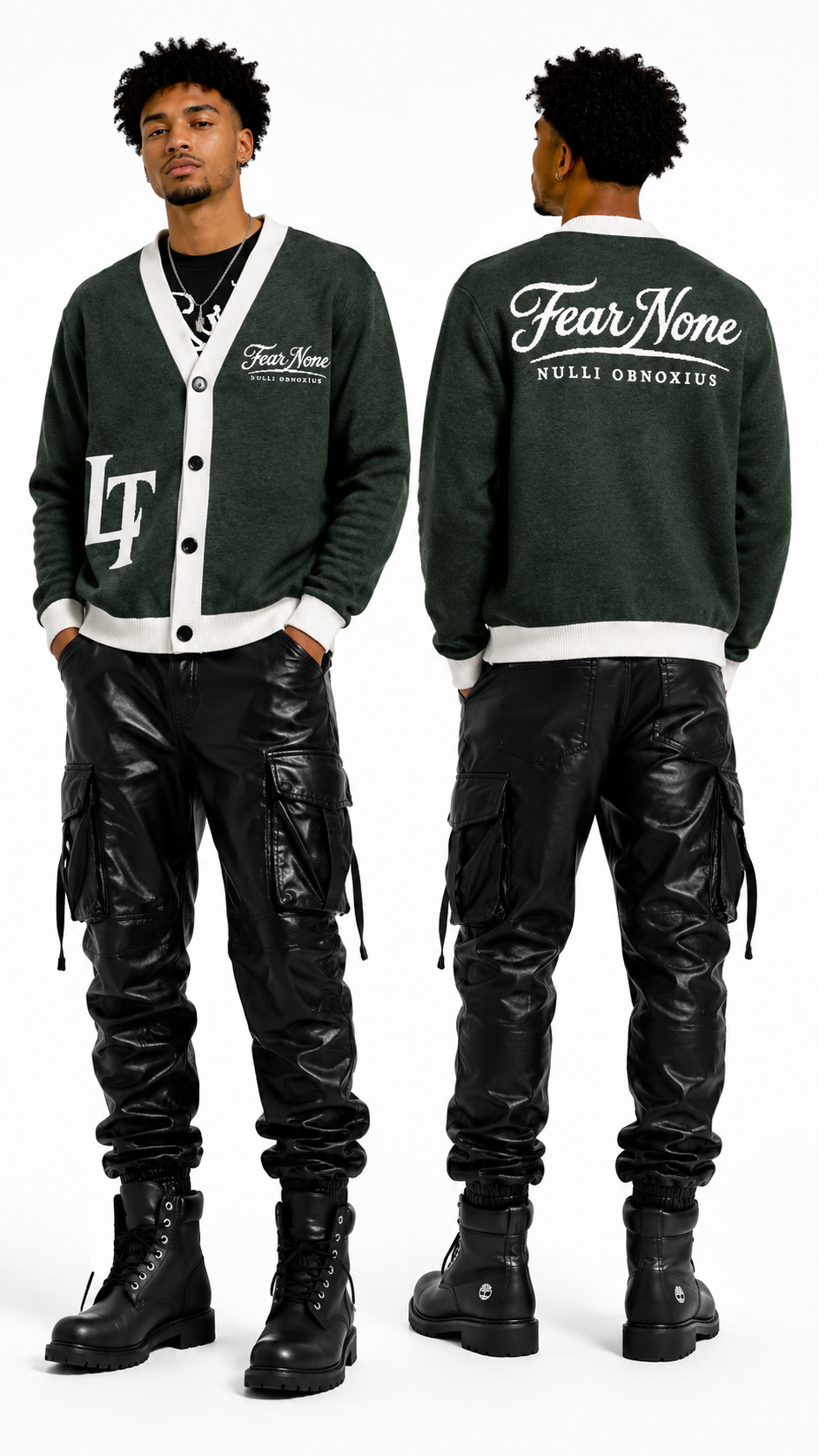 Man wearing a green varsity jacket with 'Fear None' text, black pants, and boots on a white background.