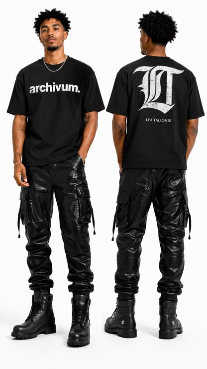 Person wearing a black 'archivum' t-shirt and black cargo pants on a white background