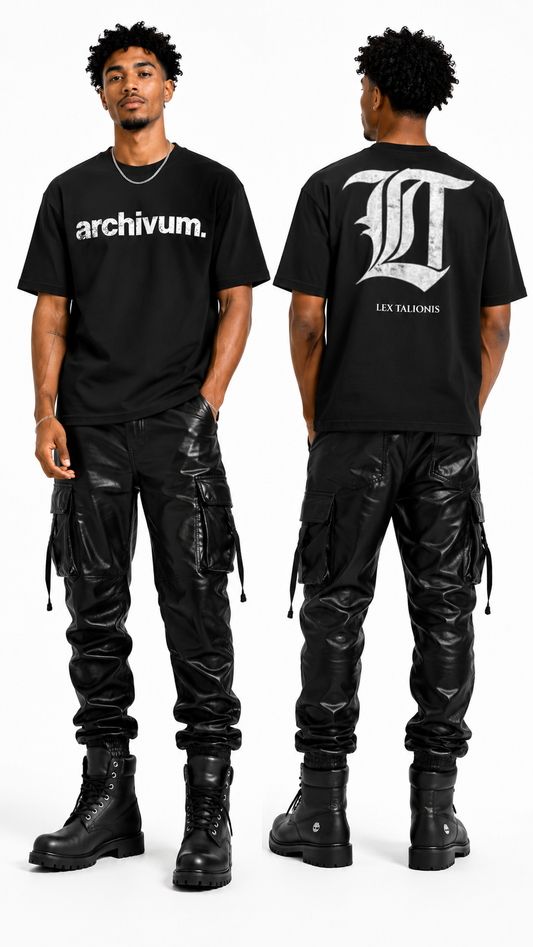 Person wearing a black 'archivum' t-shirt and black cargo pants on a white background