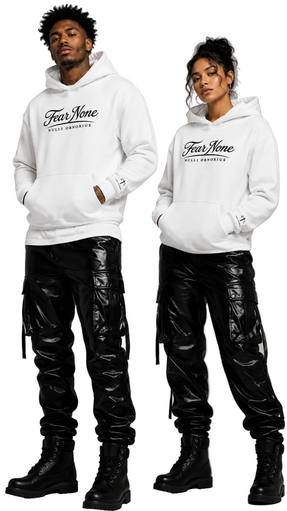 Two people wearing white hoodies with 'Fear Noe' branding, standing side by side against a gray background.