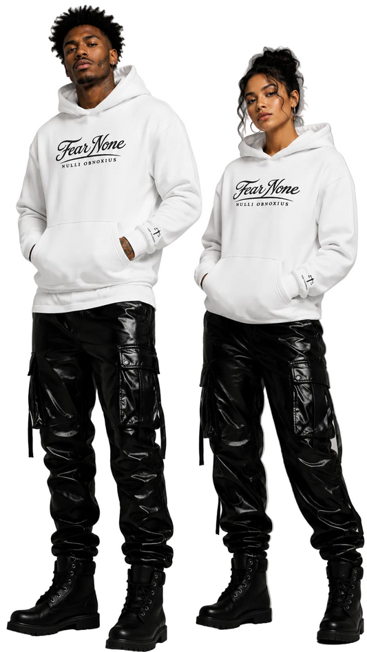 Two people wearing white hoodies with 'Fear Noe' branding, standing side by side against a gray background.