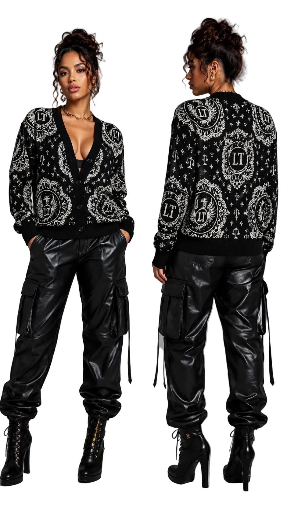 Woman wearing a black and white patterned cardigan with black pants on a gray background