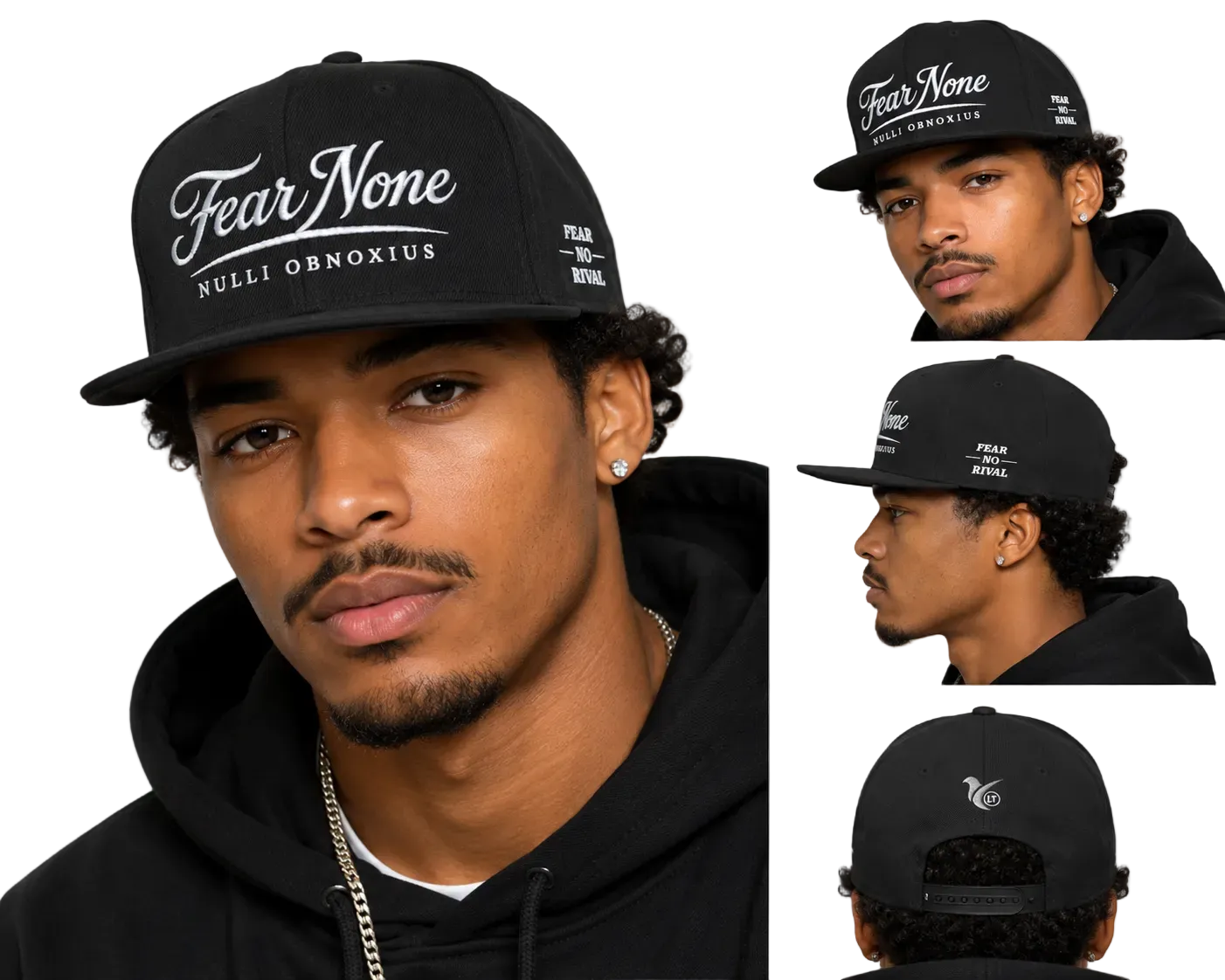 Man wearing a black cap with 'Fear None' text, shown from multiple angles on a white background.