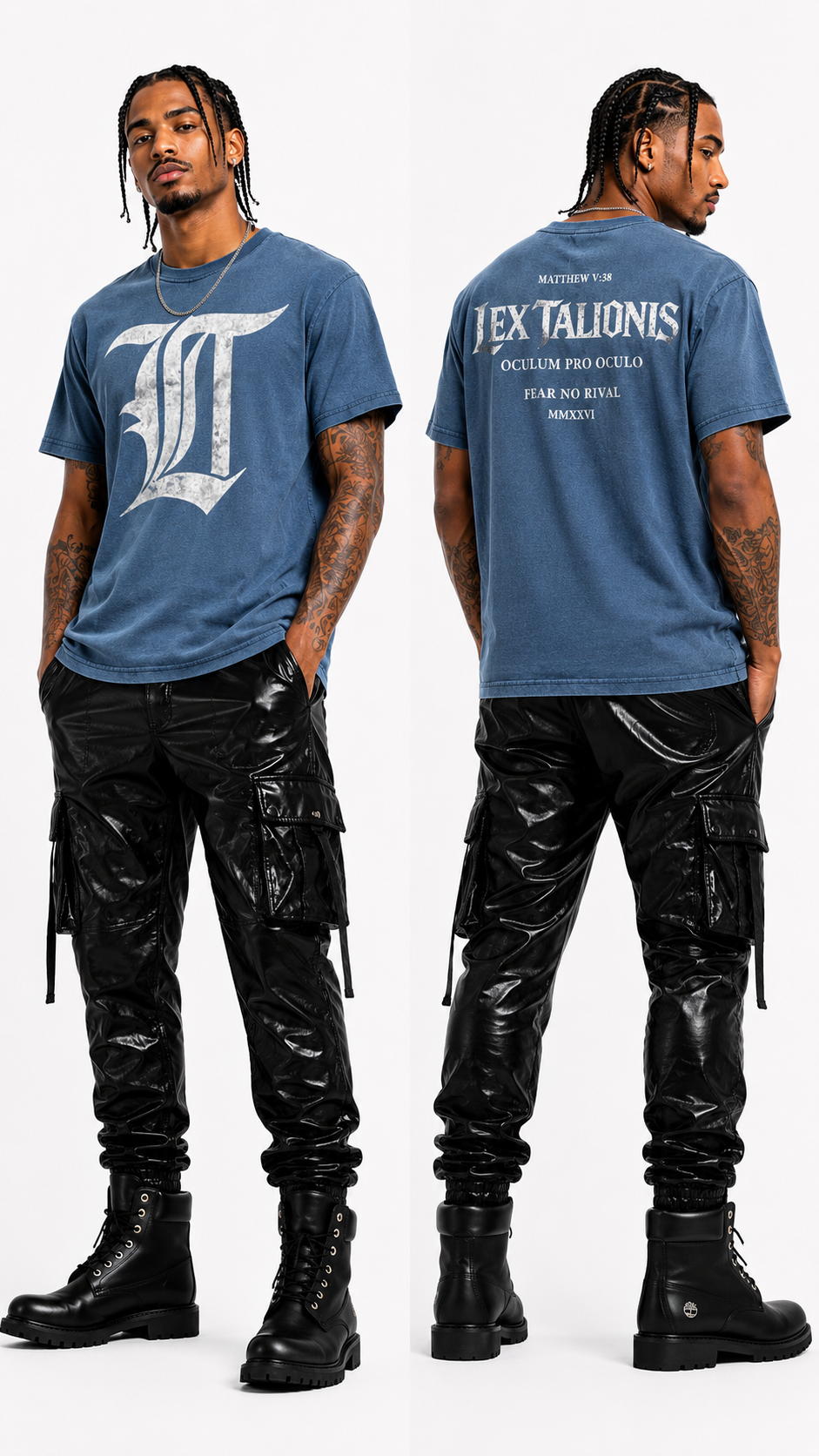 Person wearing a blue t-shirt with a logo and text, paired with black pants and boots on a white background.