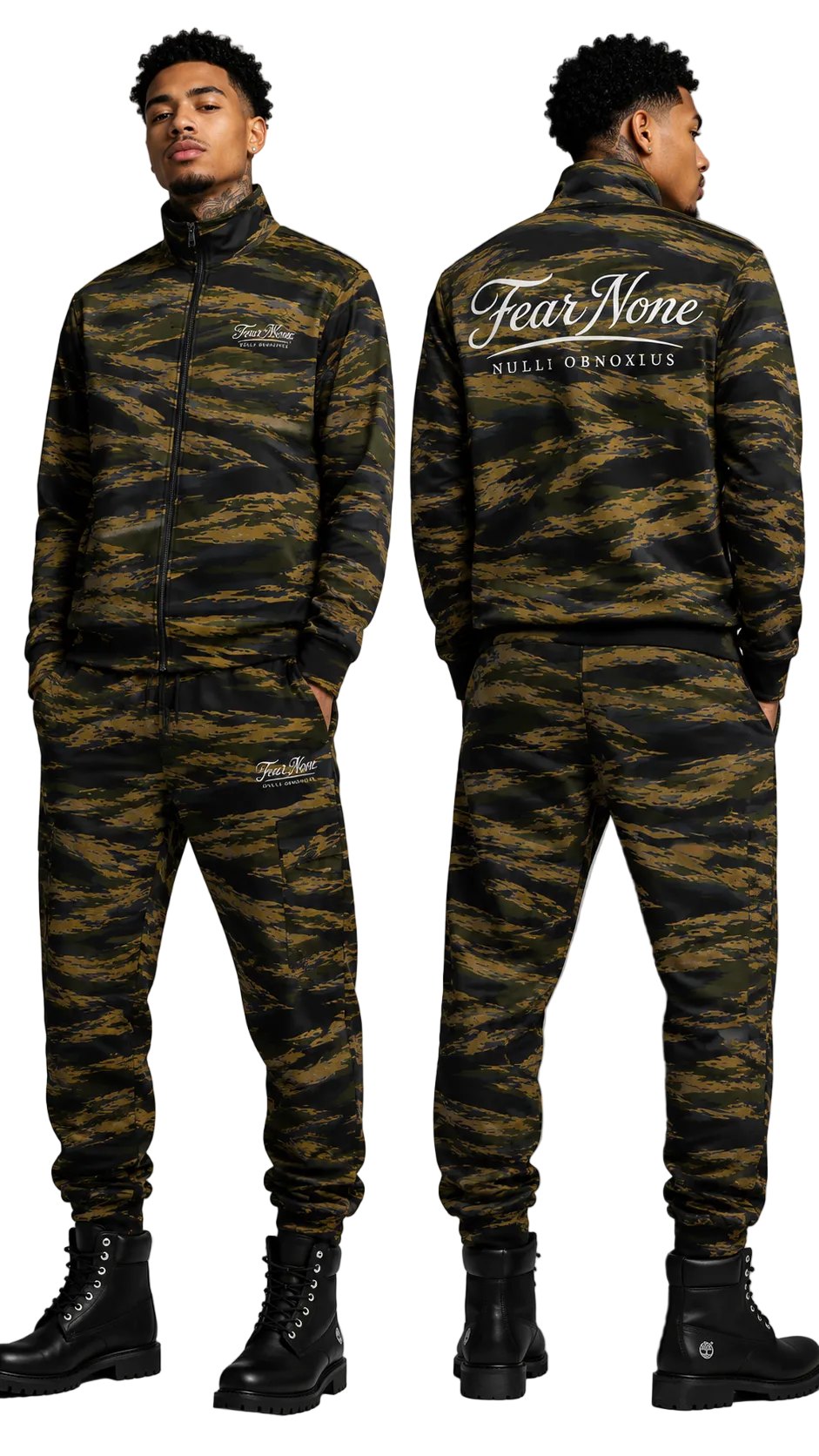Camouflage tracksuit with 'Fear None' branding on a gray background