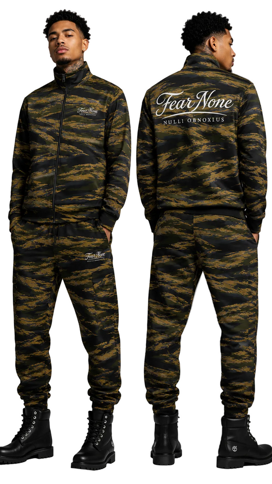 Camouflage tracksuit with 'Fear None' branding on a gray background