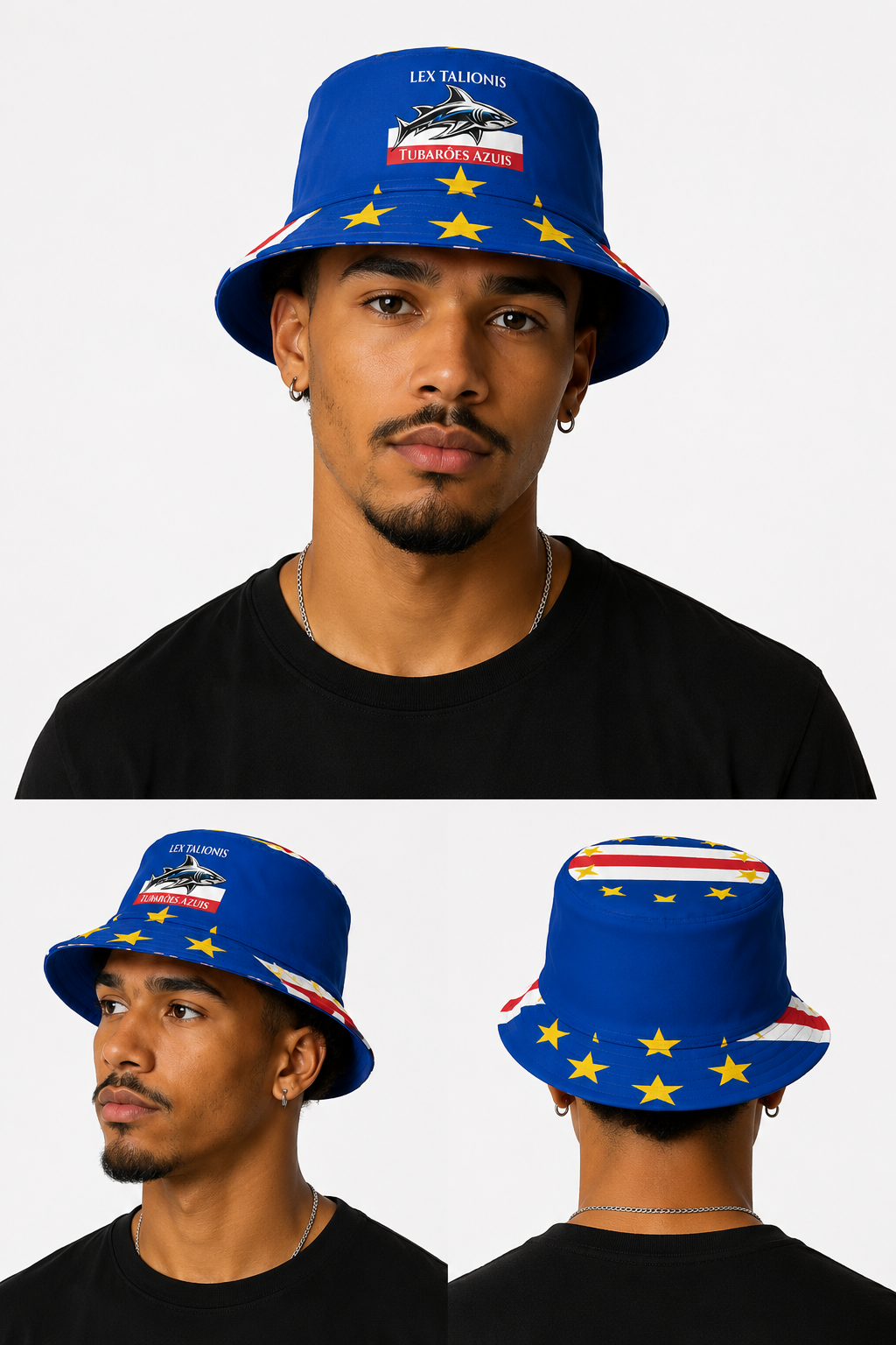 Man wearing a blue bucket hat with star patterns in three different views on a white background