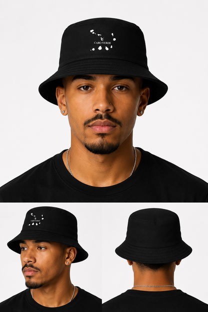 Man wearing a black bucket hat with a logo, shown from front, side, and back views.