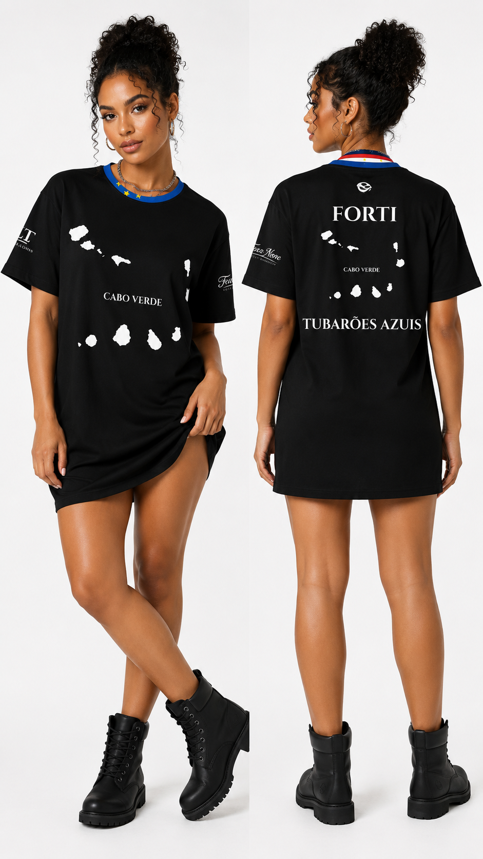 Black t-shirt dress with visible branding worn by a model on a white background