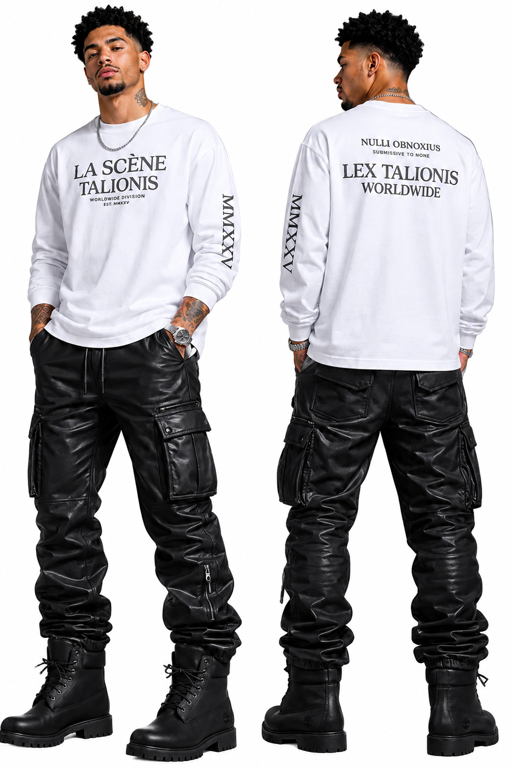 Person wearing a white sweatshirt with text and black leather pants, standing against a white background.