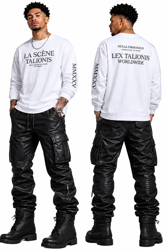 Person wearing a white sweatshirt with text and black leather pants, standing against a white background.