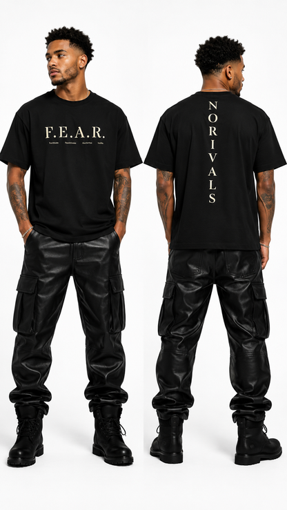Person wearing a black t-shirt with 'F.E.