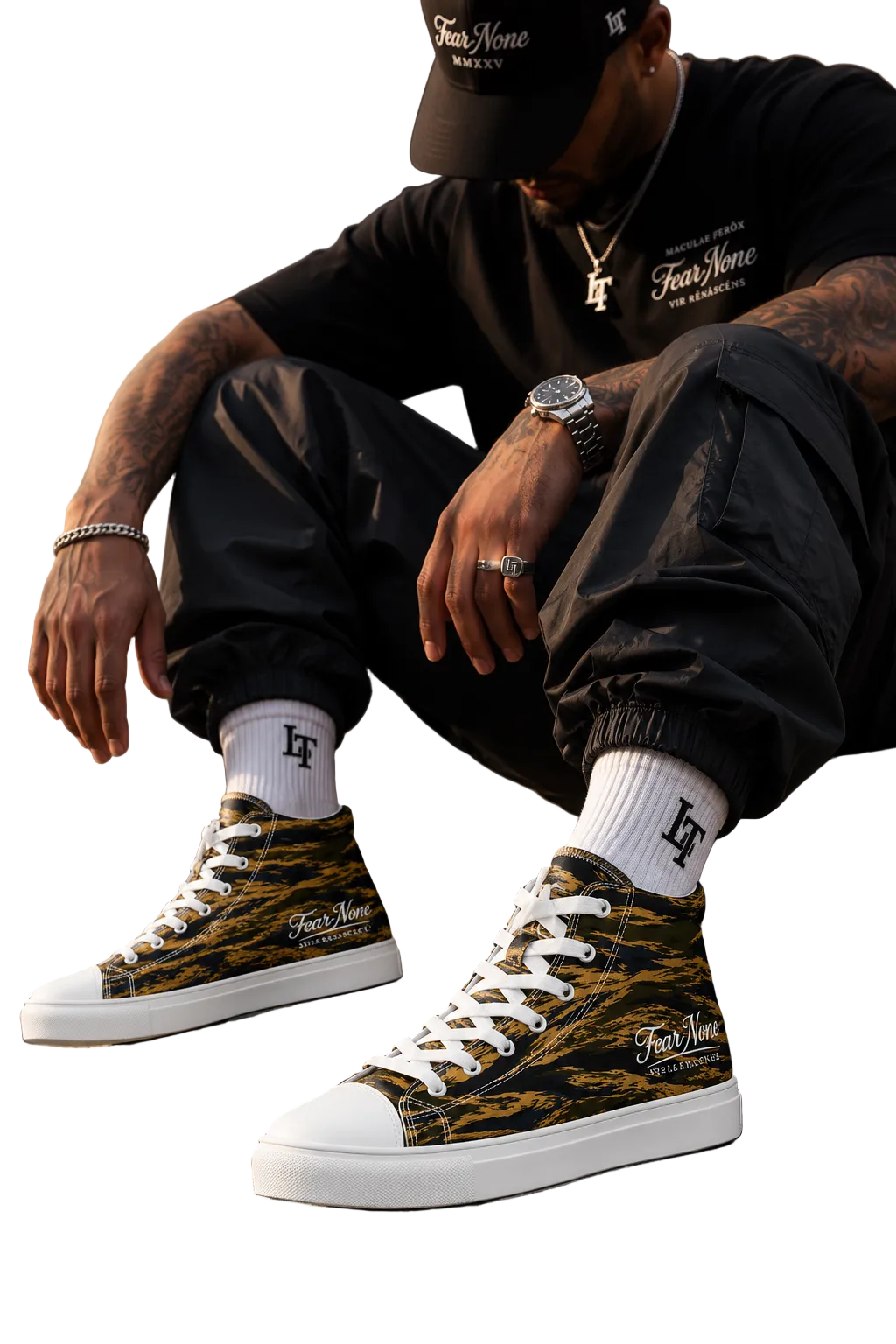 Person wearing camouflage high-top sneakers sitting on concrete steps.