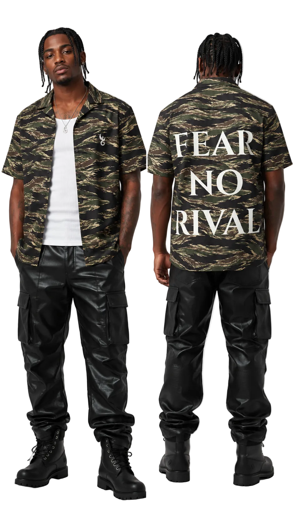 A model shown from the front and back wearing a Fear of God camo short-sleeve button-up shirt with 'FEAR NO RIVAL' printed in white on the back, paired with black cargo pants and black boots, against a light gray studio background.