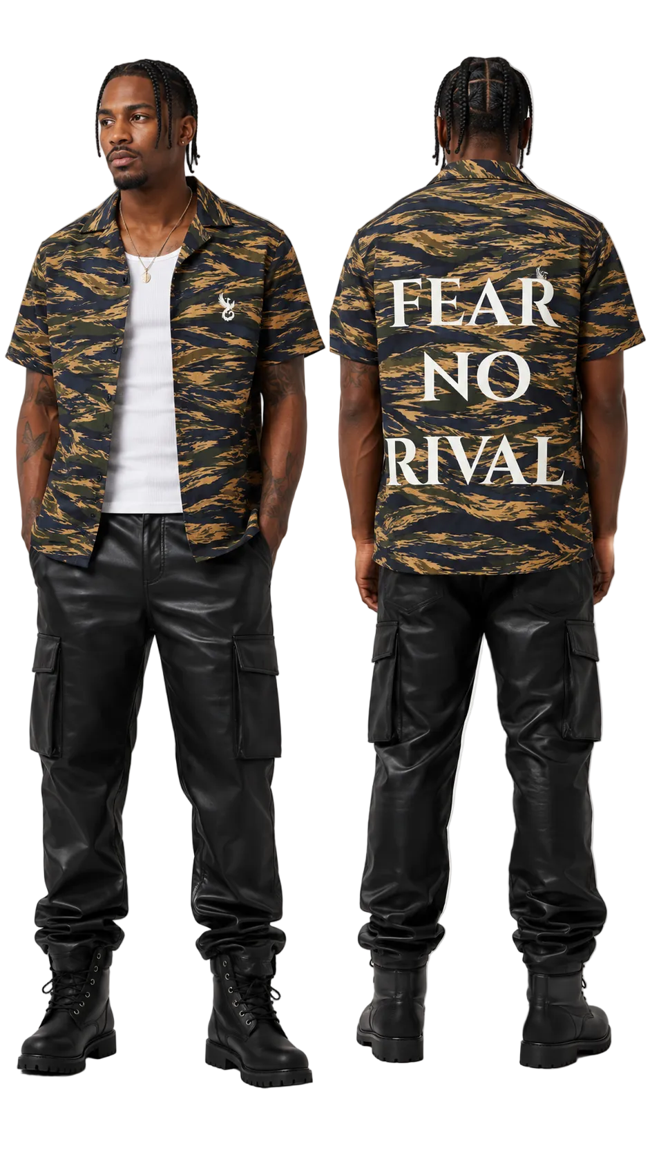 A model shown from the front and back wearing a short-sleeve camouflage button-up shirt with 'FEAR NO RIVAL' printed in white across the back, paired with black cargo pants and black boots, on a light gray background.