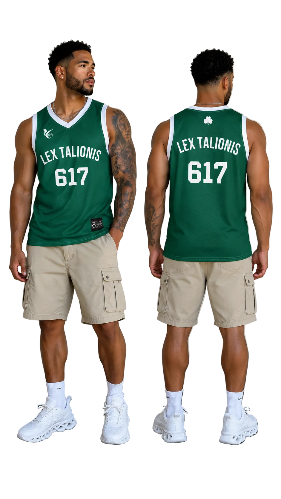 Person wearing a green sports jersey with 'LEX TALIONIS' and number '617', standing against a plain wall.
