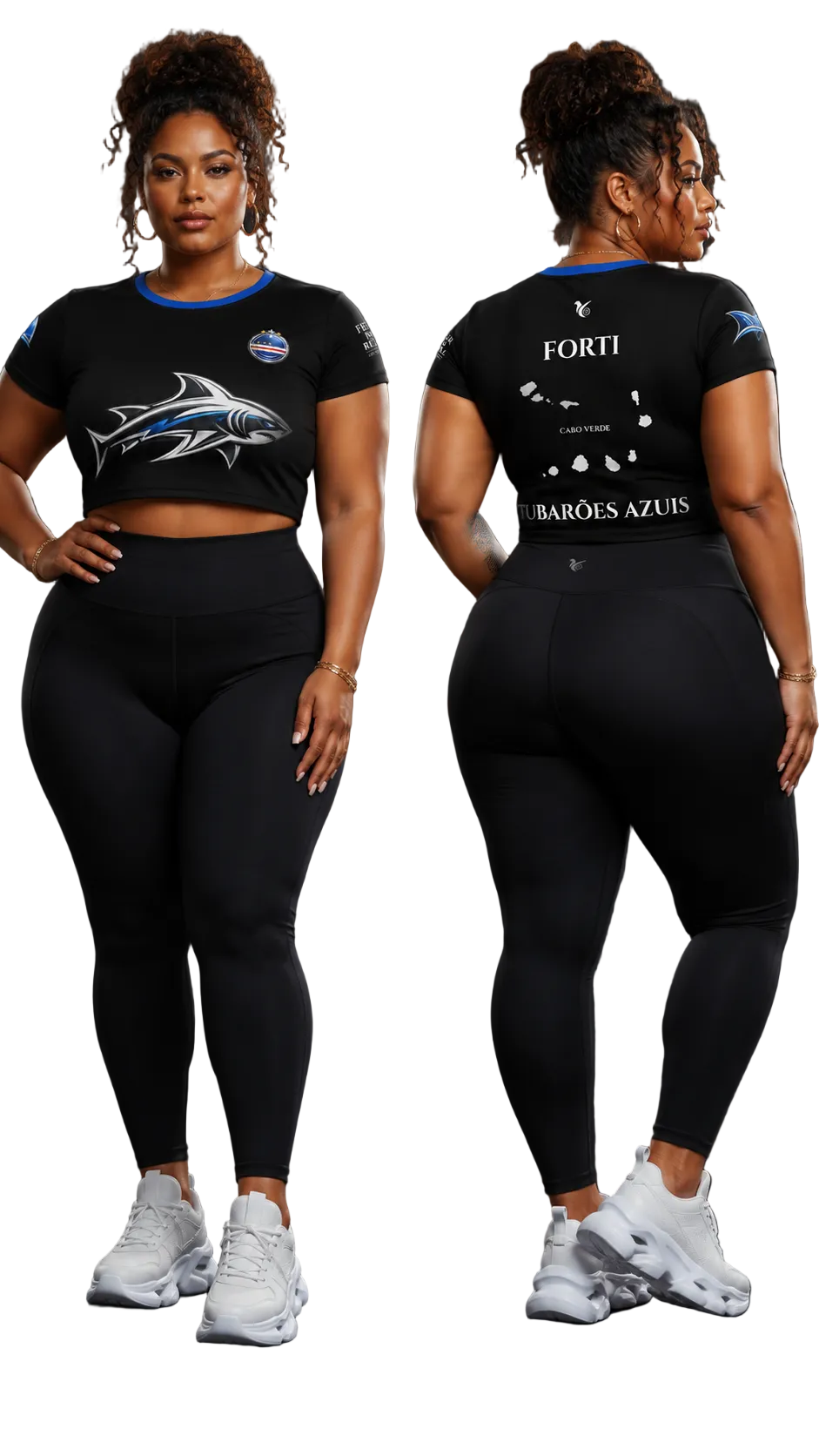 Woman wearing a black athletic outfit with visible branding on a dark background