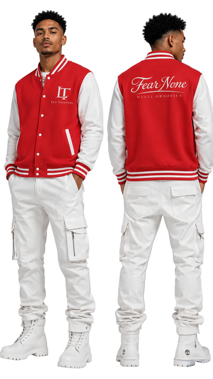 Person wearing a red and white varsity jacket with branding on a gray background