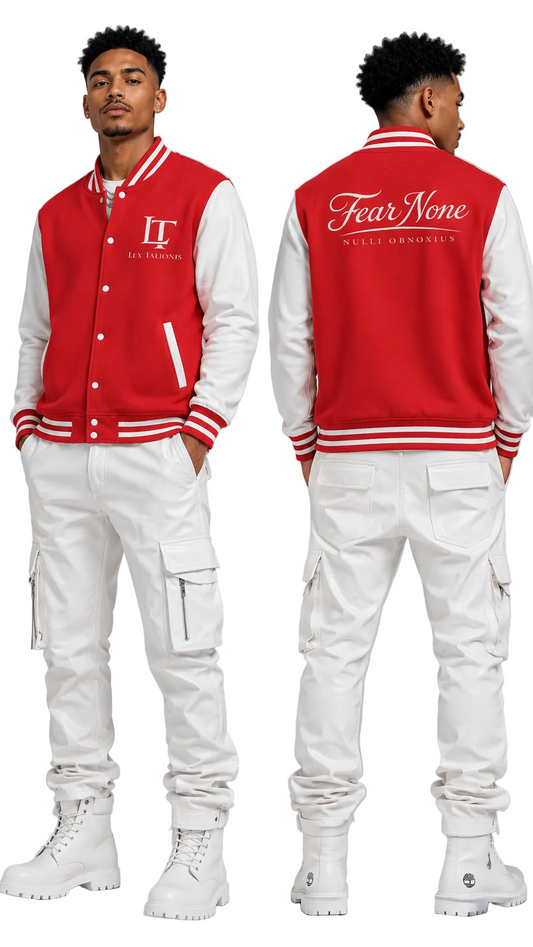 Person wearing a red and white varsity jacket with branding on a gray background