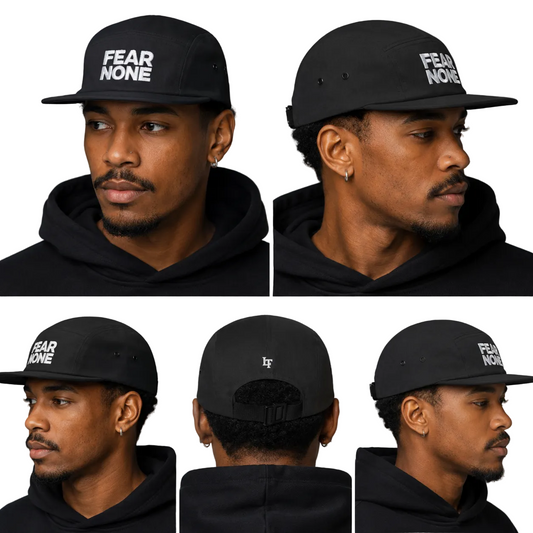 Black cap with 'FEAR NONE' text worn by a person in various angles on a gray background