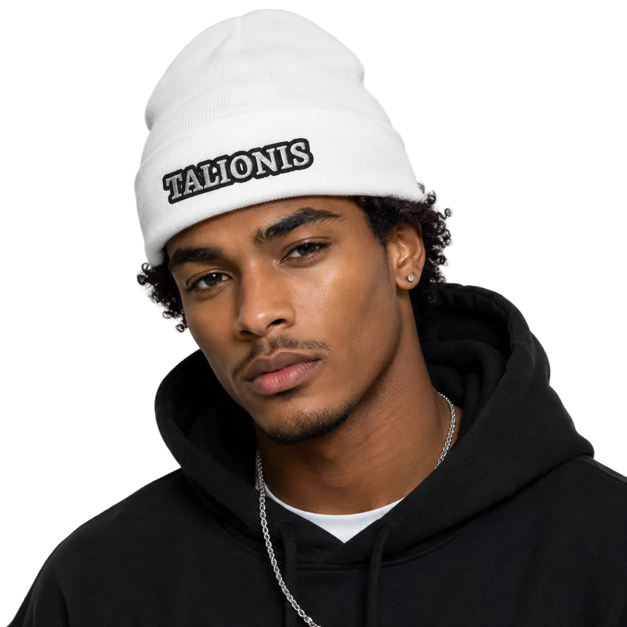 Person wearing a white beanie with 'TALIONIS' logo and black hoodie on a light gray background